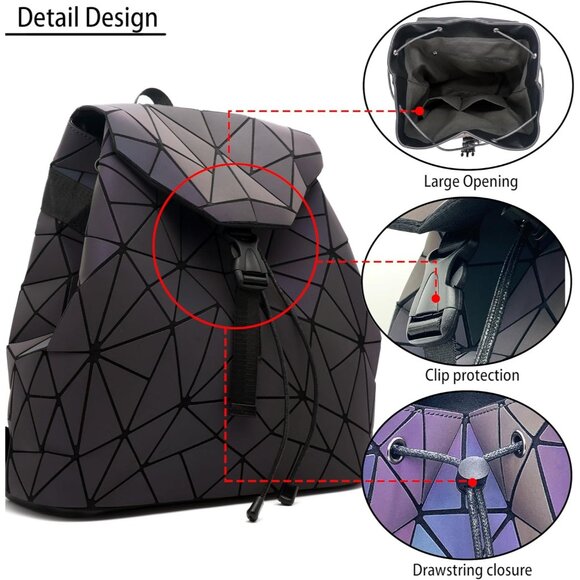 Geometric Pattern Iridescent Backpack With Adjustable Straps And Front Buckle - Picture 3 of 8